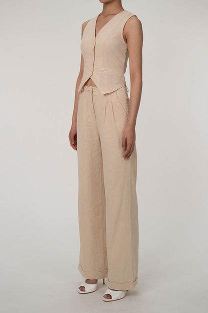 CM | Casual V-cuello botón delantero chaleco de pierna ancha de dos piezas de algodón pantalones plisados conjunto