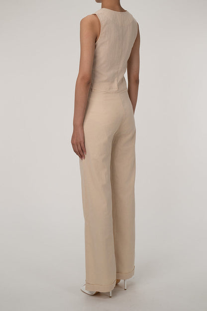 CM | Casual V-cuello botón delantero chaleco de pierna ancha de dos piezas de algodón pantalones plisados conjunto