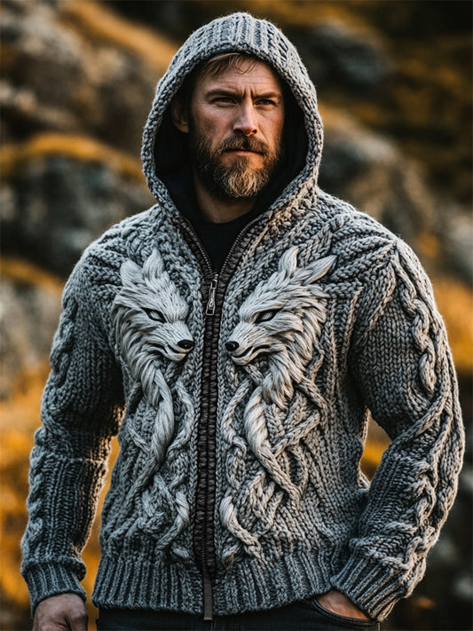 Men's Viking 3d Wolf Celtic Contrast Chunky Hooded Cardigan elevenforest
