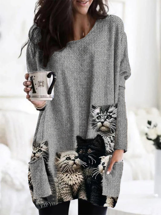 Fuzzy Cats Crochet Art Patch Pocket Cozy Knit Cardigan elevenforest