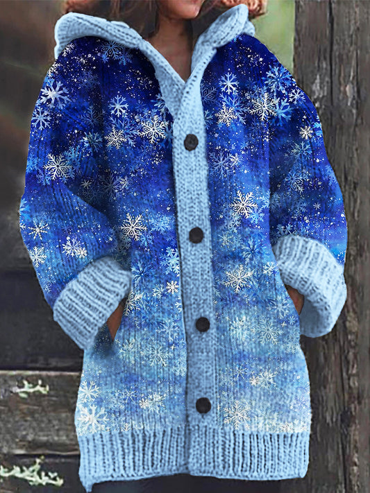 Christmas Snowflake Gradient Print Women's Hooded Sweater Cardigan elevenforest