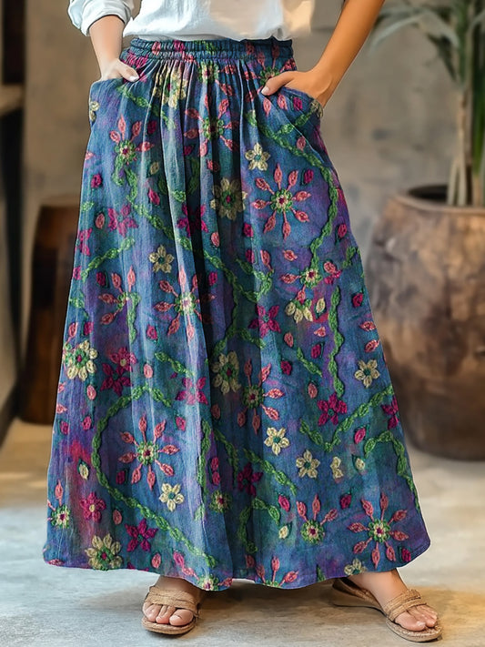 Women's Folk Floral Art Pattern Print Cotton Pocket Skirt