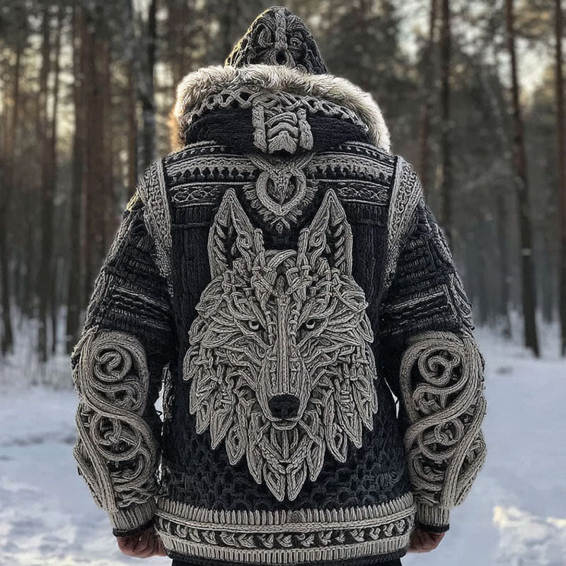 Men's Vintage Viking Wolf Pattern Knit Hooded Zipper Jacket artswardrobe