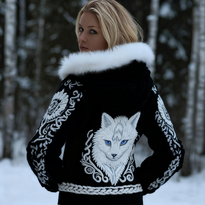 Comstylish Viking Retro Style Cat Embroidery Pattern Women's Knit Hooded Sweater Jacket