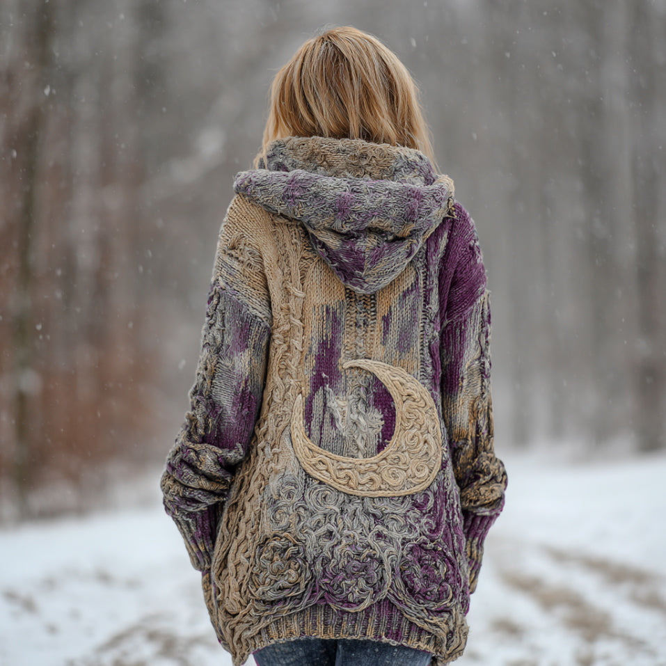 Women's Star And Moon Element Winter Warmth Knit Hooded Cardigan Sweater Jacket artswardrobe