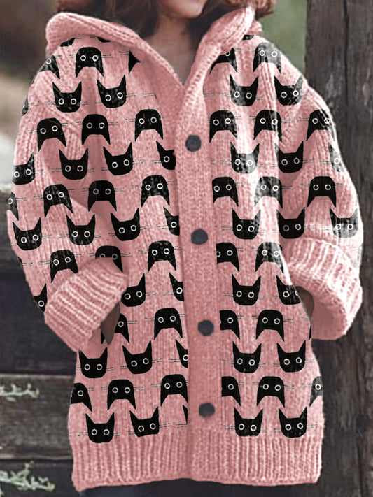 Cute Cats Pattern Cozy Knit Hooded Cardigan elevenforest