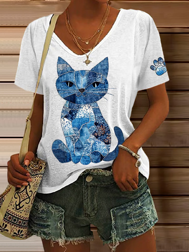 Women's Retro Animal Cat Print V-neck T-shirt elevenforest
