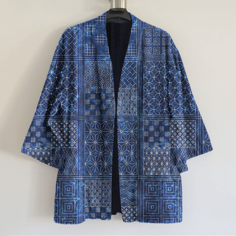 Comstylish Japanese Traditional Sashiko Floral Patchwork Art Print Linen Blend Kimono Cardigan