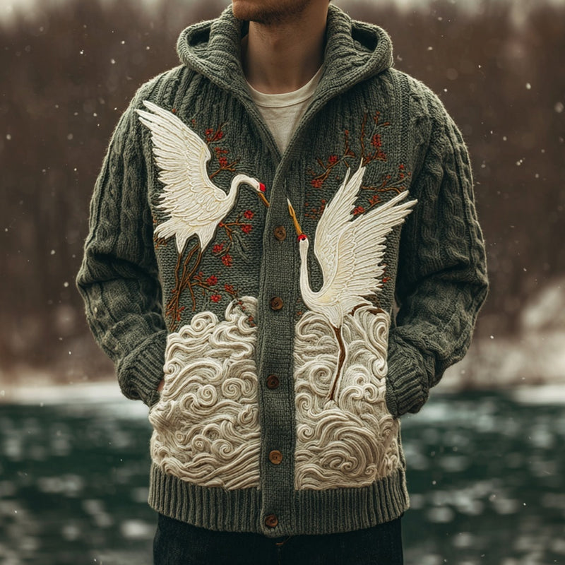 Men's Japanese Cranes Inspired Cozy Knit Hooded Cardigan artswardrobe