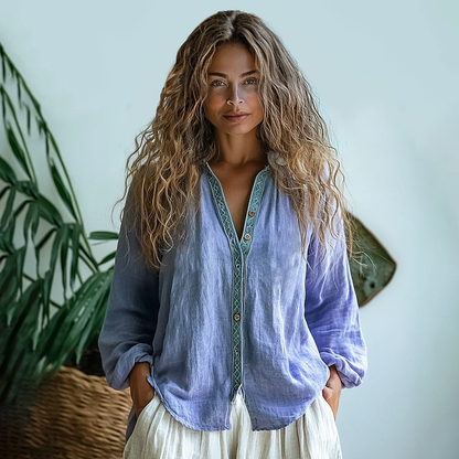 Bohemian Style Linen Print  Long Sleeve Shirt artswardrobe
