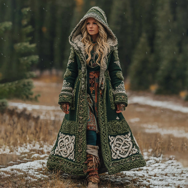 Women's Viking Celtic Knot Jacquard Color Block Art Hooded Knit Cardigan artswardrobe