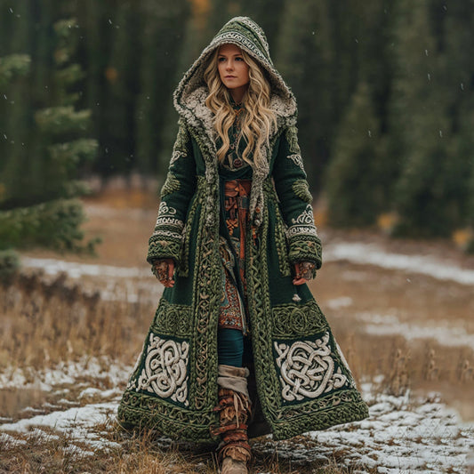 Women's Viking Celtic Knot Jacquard Color Block Art Hooded Knit Cardigan artswardrobe