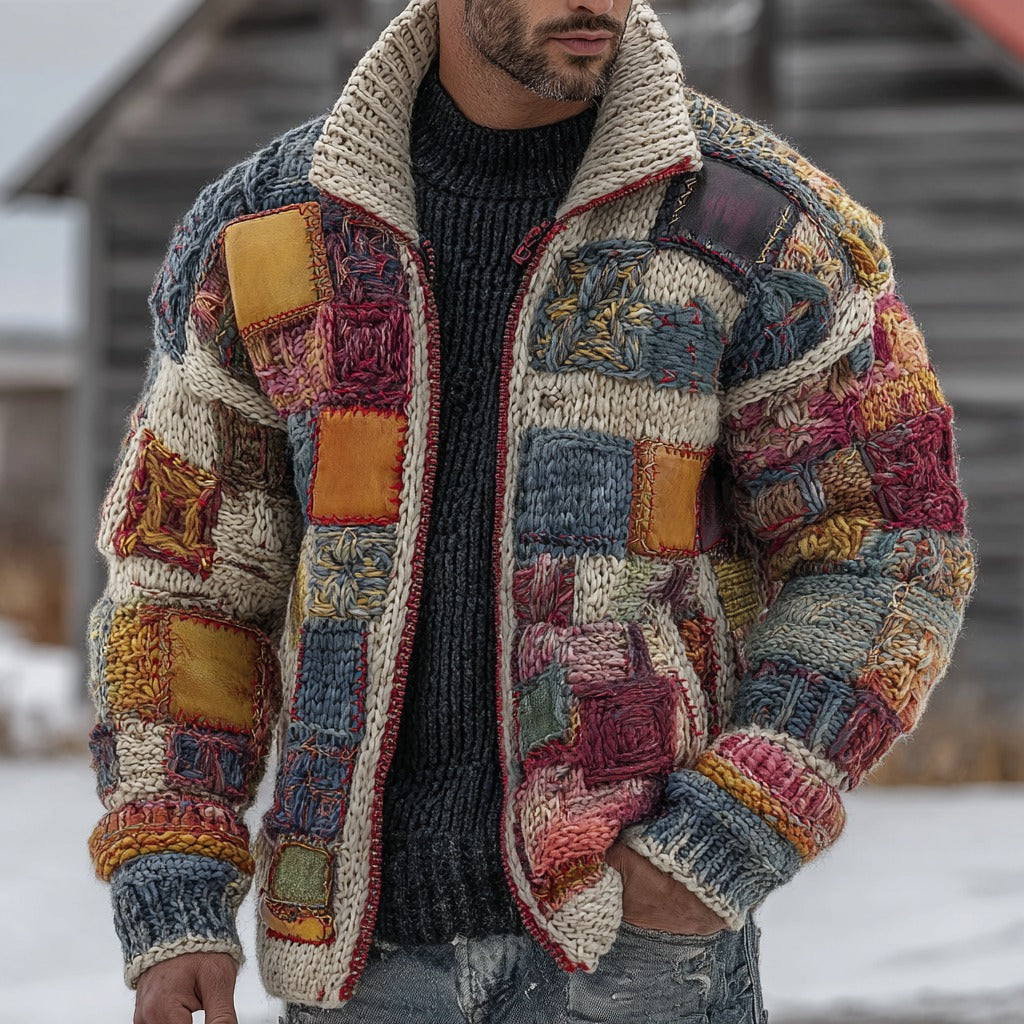 Men's Tribal Geometric Patchwork Knitted Warm Zipper Cardigan Sweater artswardrobe