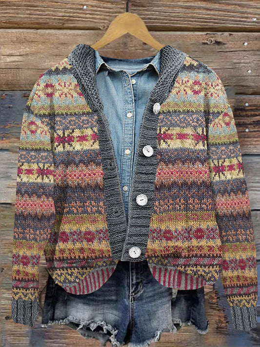 Vintage Knitted Snowflake Geometric Print Button Hooded Cardigan elevenforest