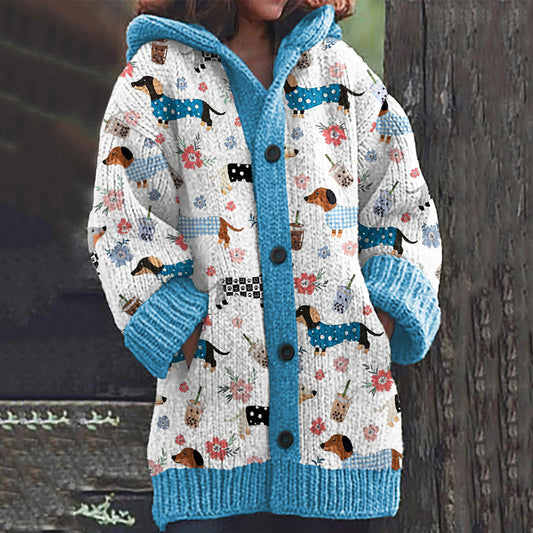 Comstylish Dachshund Art Print Casual Knitted Hooded Cardigan