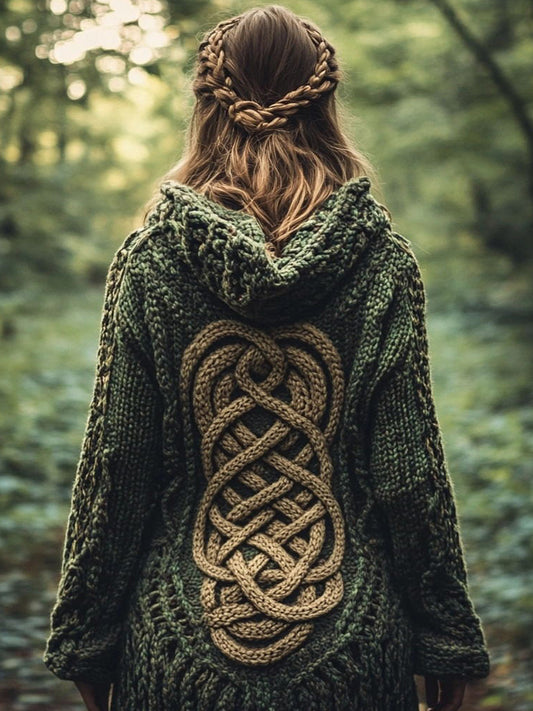 Women's Celtic Knot Contrast Color Chunky Knit Hooded Cardigan elevenforest