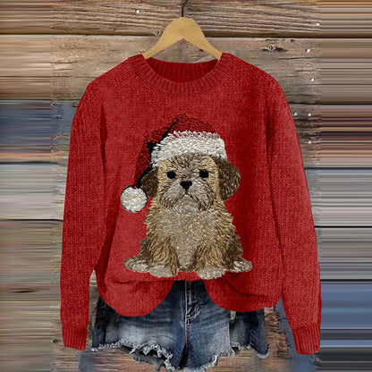 Comstylish Women's Christmas Puppy Embroidery Art Print Casual Sweater