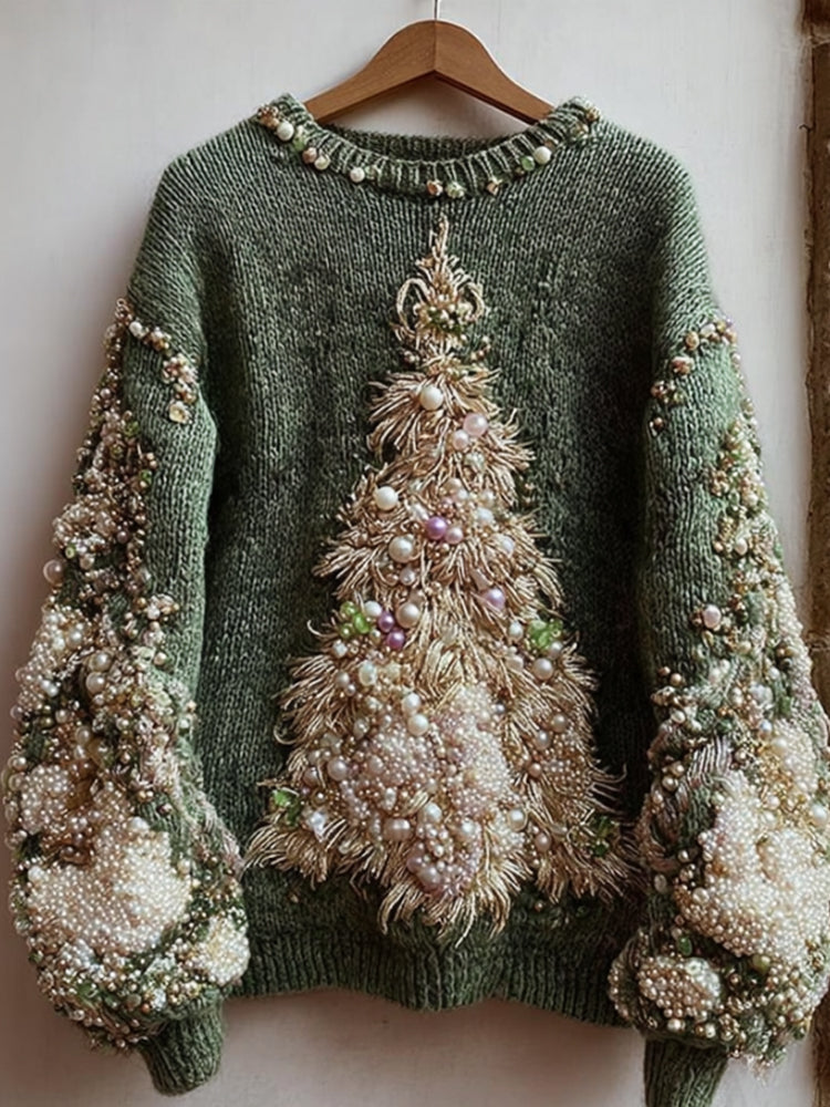 Jersey de algodón con árboles de Navidad bordados y detalles de perlas