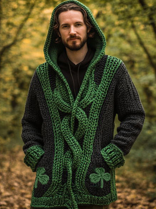 Men's Shamrock Pattern Contrast Cozy Knit Hooded Cardigan elevenforest