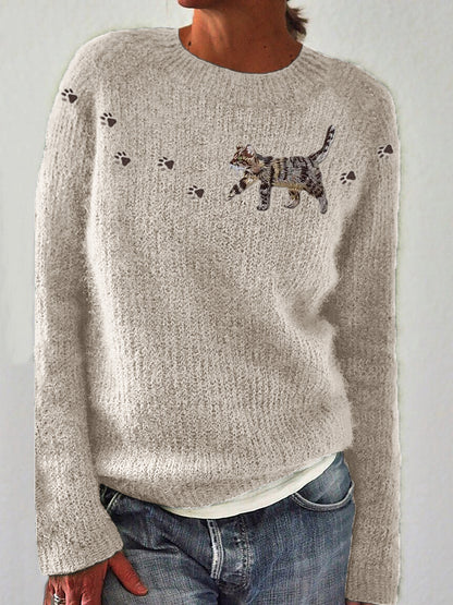Comstylish Cat & Paw Prints Yoke Embroidered Cozy Knit Sweater