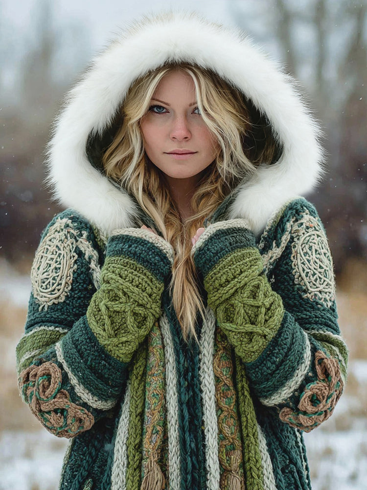 Vintage Irish Celtic Knot Knit Chunky Fur Trim Hooded Cardigan artswardrobe
