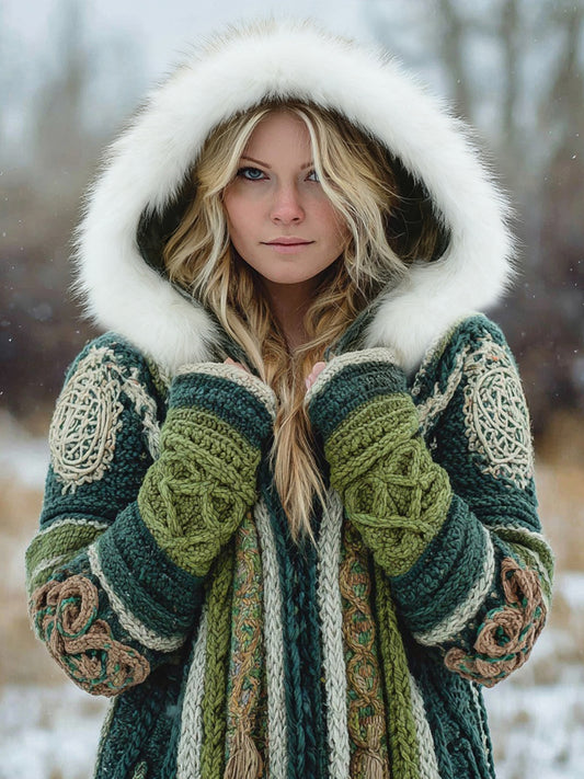 Vintage Irish Celtic Knot Knit Chunky Fur Trim Hooded Cardigan artswardrobe