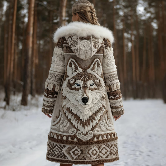 Women's Tribal Wolf Face Knitted Jacquard Long Zipper Fur Collar Cardigan artswardrobe