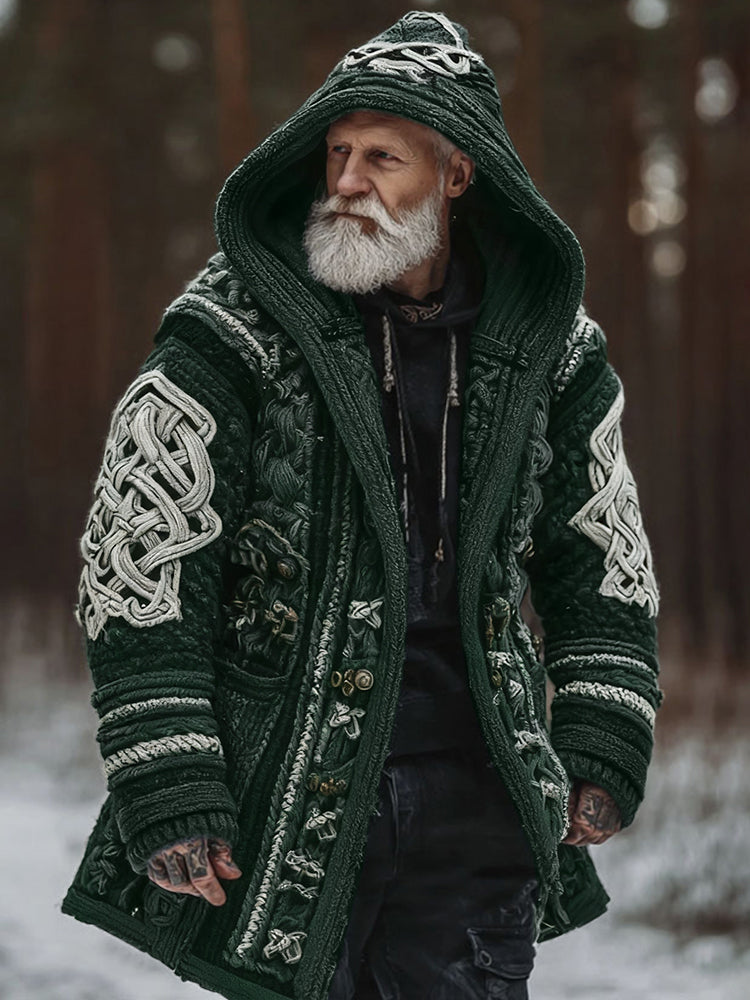 Men's Viking Celtic Geometry Pattern Art Cozy Knit Hooded Cardigan artswardrobe