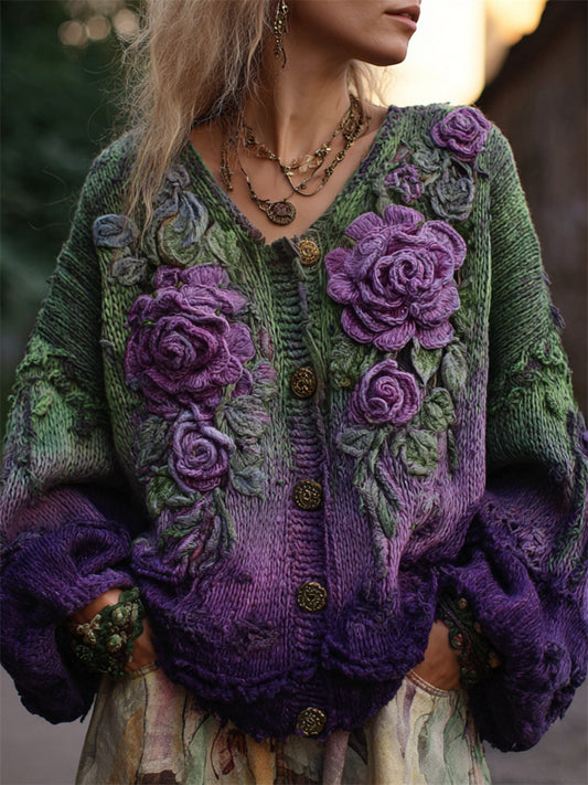 Vintage Purple Roses Crochet Embroidered Gradient Cozy Cardigan artswardrobe