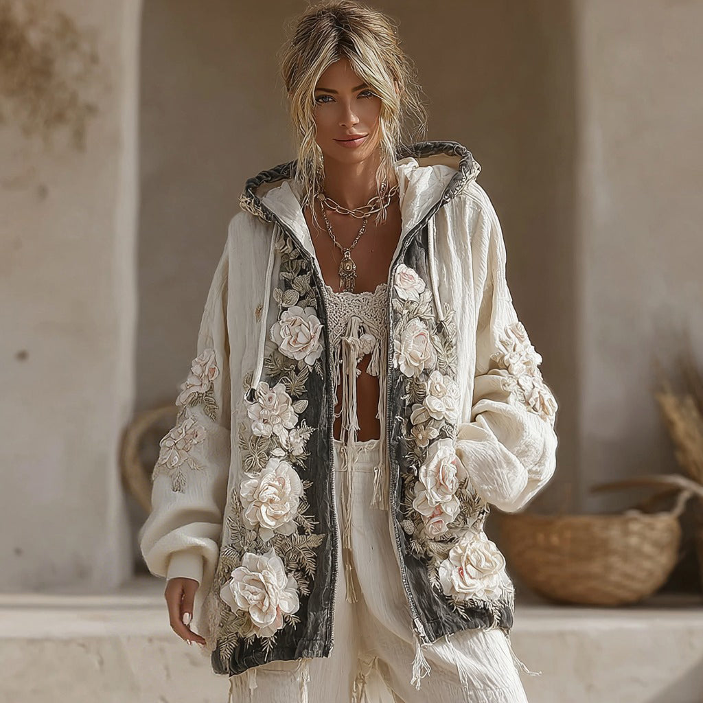 Comstylish Women's Vintage White Rose Patchwork Cozy Warm Hoodie