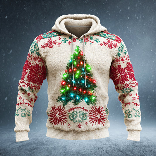 Comstylish Christmas Lights Tree Pattern Men's Flannel Hooded Sweatshirt