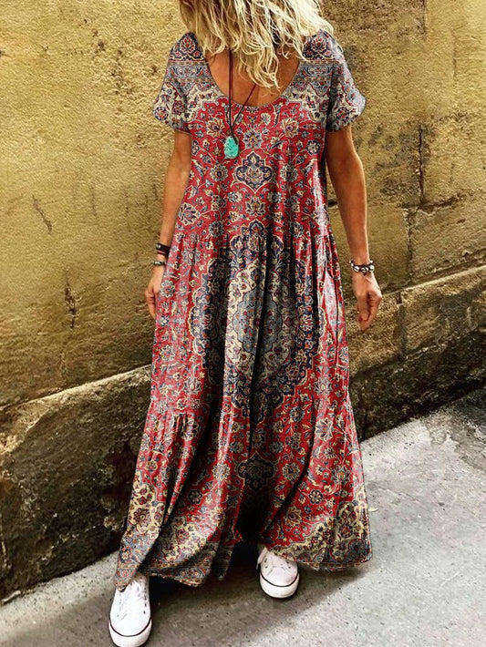 Women's Ethnic Pattern Art Printed Pocket Short Sleeve Cotton Dresses