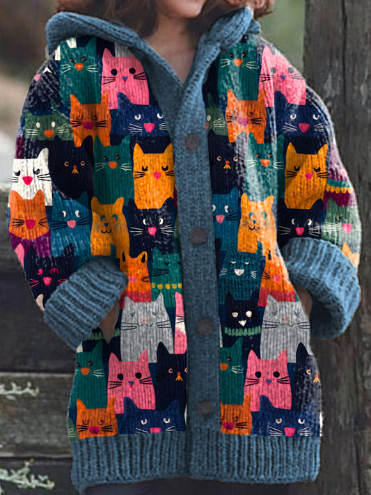 Cats Pattern Cozy Knit Hooded Cardigan elevenforest