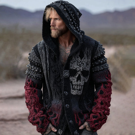 Men's Retro Skull And Flame Inspired Knitted Buttons Hooded Cardigan elevenforest