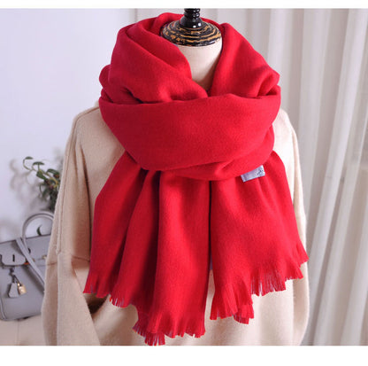 Women's Solid-color Cashmere Scarf with Thick Tassels