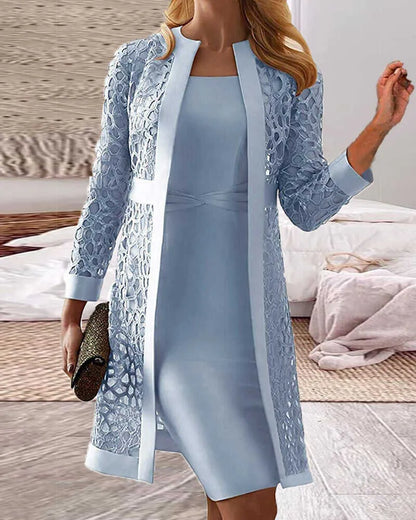 KS | Conjunto de dos piezas - vestido con cárdigan de encaje para mujer