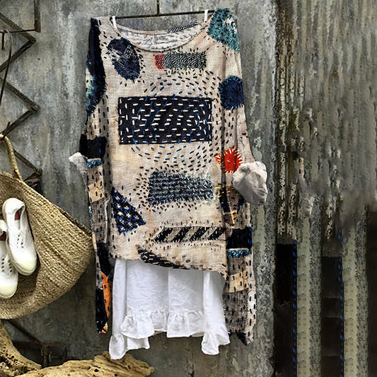 Vintage Patch Work Embroidery Art Linen Blend Blouse artswardrobe