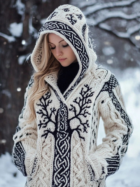 Women's Viking Inspired Celtic Knot Jacquard Knit Hooded Cardigan elevenforest