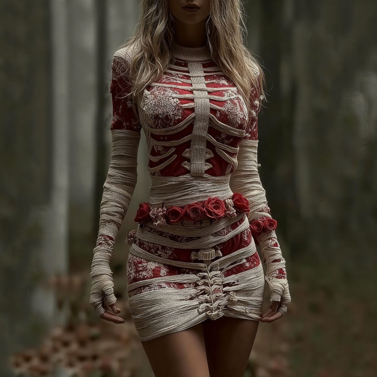 Comstylish Women's Vintage Red Rose Skeleton Art Knit Mini Sweater Dress