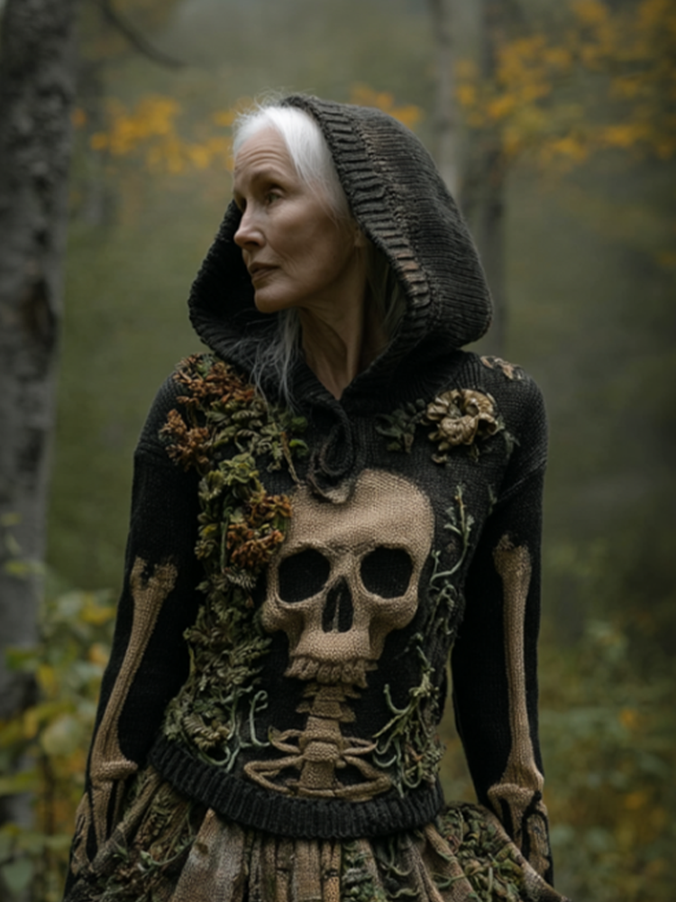 Halloween Dark Forest Ladies' Knit Hooded Cardigan Sweater artswardrobe