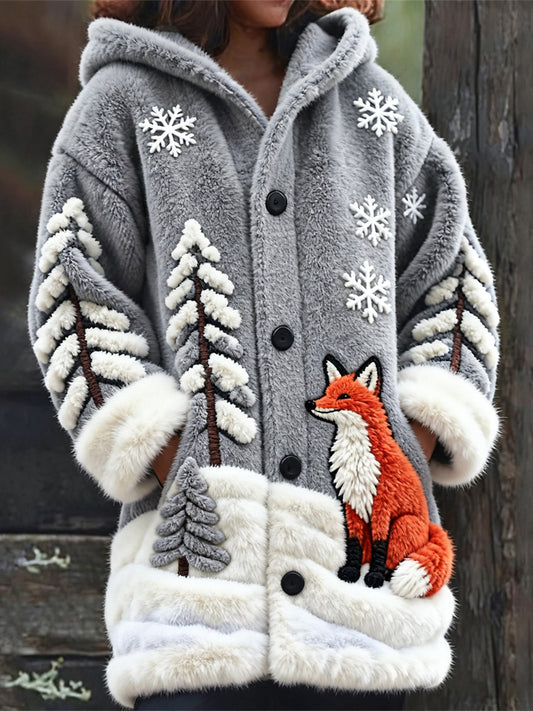 Snowy Forest Fox Pattern Women's Knit Hooded Cardigan