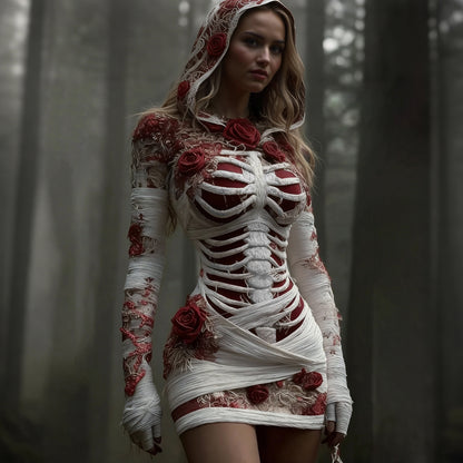Comstylish Women's Vintage Red Rose Skeleton Art Knit Hooded Mini Sweater Dress