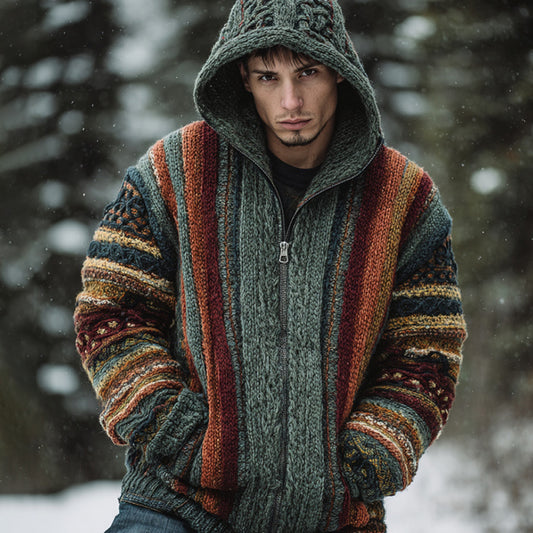 Men's Vintage Colorful Striped Celtic Art Jacquard Thick Warm Zip Hooded Sweater Cardigan elevenforest