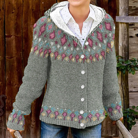 Fairman Island Geometric Contrast Print Button Knit Cardigan elevenforest