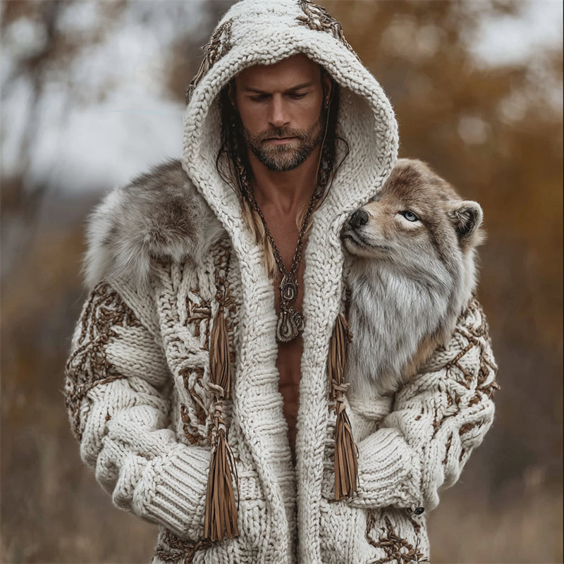 Men's Vintage Western Wild Wolf Chunky Hooded Cardigan artswardrobe