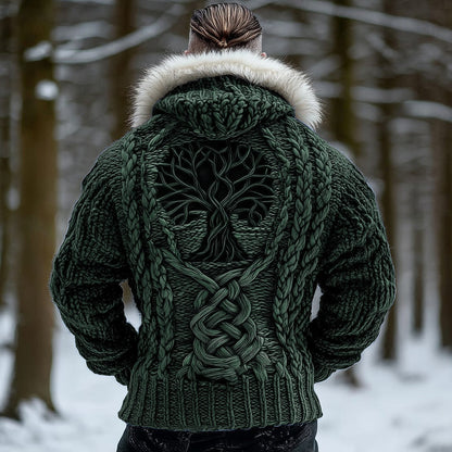 Men's Viking Tribal Tree Of Life Celtic Chunky Knit Fuzzy Hooded Zipper Cardigan artswardrobe