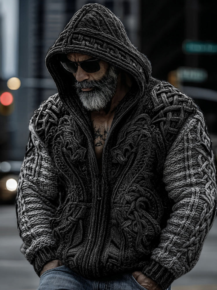 Men's Viking Dragon Totem Chunky Knit Hooded Cardigan artswardrobe