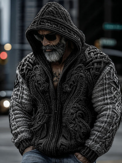 Men's Viking Dragon Totem Chunky Knit Hooded Cardigan artswardrobe