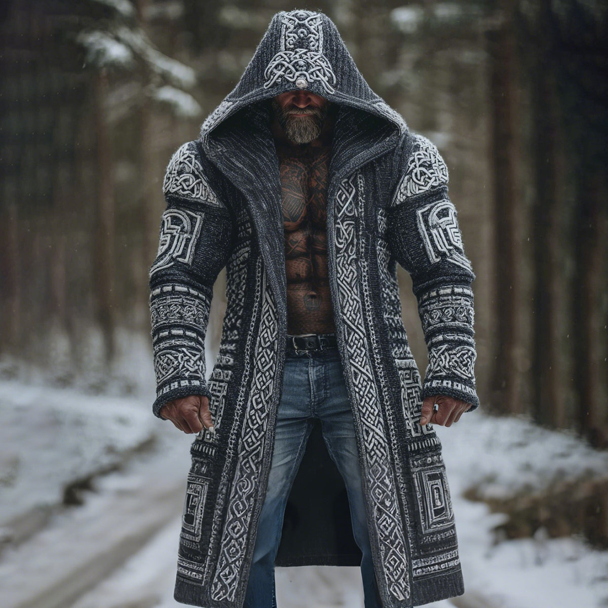 Men's Viking Celtic Knot Jacquard Colorblock Pocket Mid-length Hooded Knitted Cardigan artswardrobe