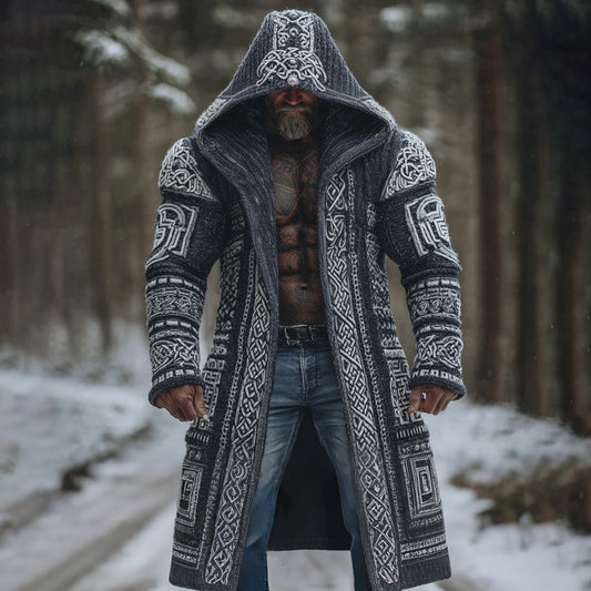 Men's Viking Celtic Knot Jacquard Colorblock Pocket Mid-length Hooded Knitted Cardigan artswardrobe
